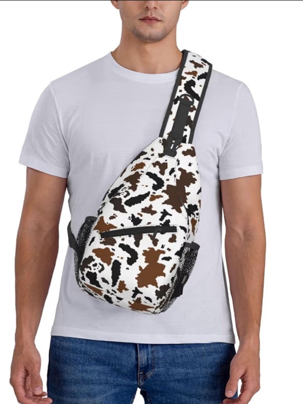 Cow Print Crossbody Sling Bag for Men - White & Brown